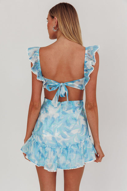 Porcia Tied Back Frill Dress Leaves Blues
