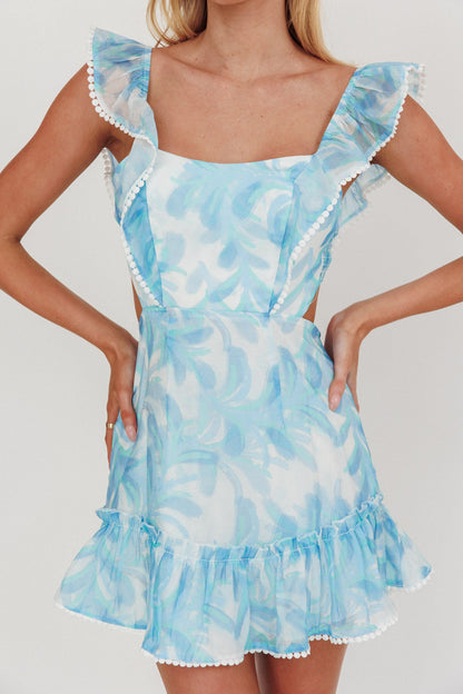 Porcia Tied Back Frill Dress Leaves Blues
