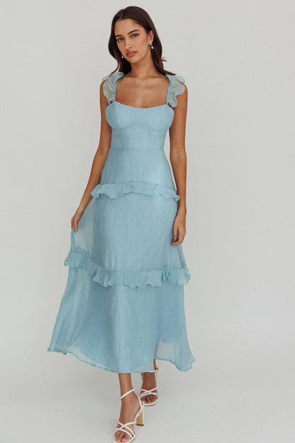 Moonlit Moment Ruffle Trim Lace-Up Back Maxi Dress Blue