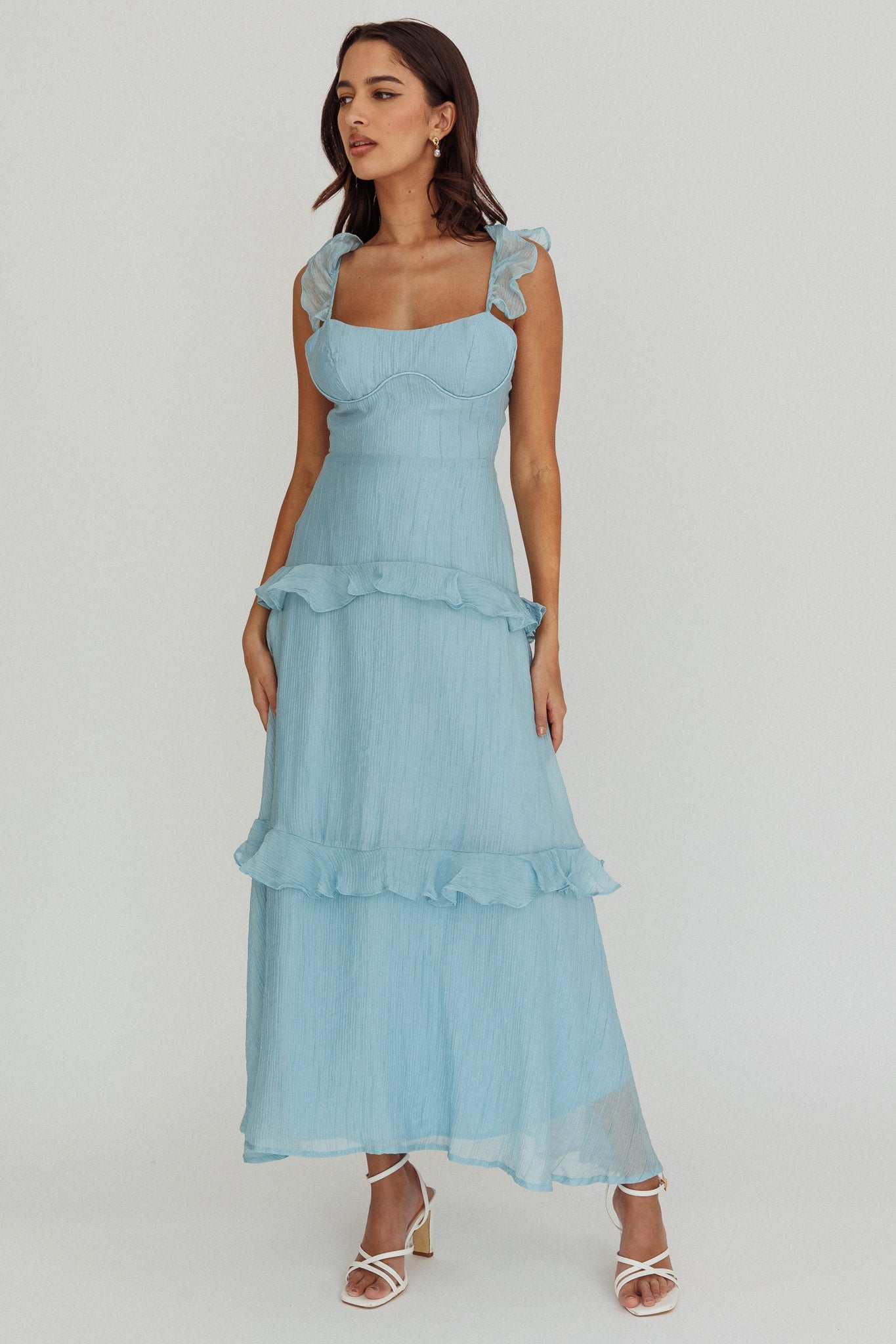 Moonlit Moment Ruffle Trim Lace-Up Back Maxi Dress Blue