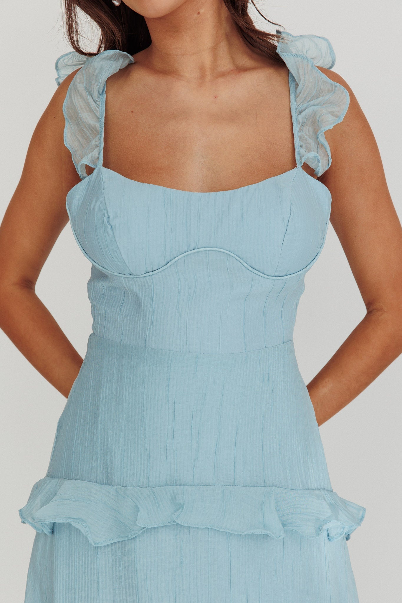 Moonlit Moment Ruffle Trim Lace-Up Back Maxi Dress Blue