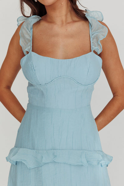 Moonlit Moment Ruffle Trim Lace-Up Back Maxi Dress Blue