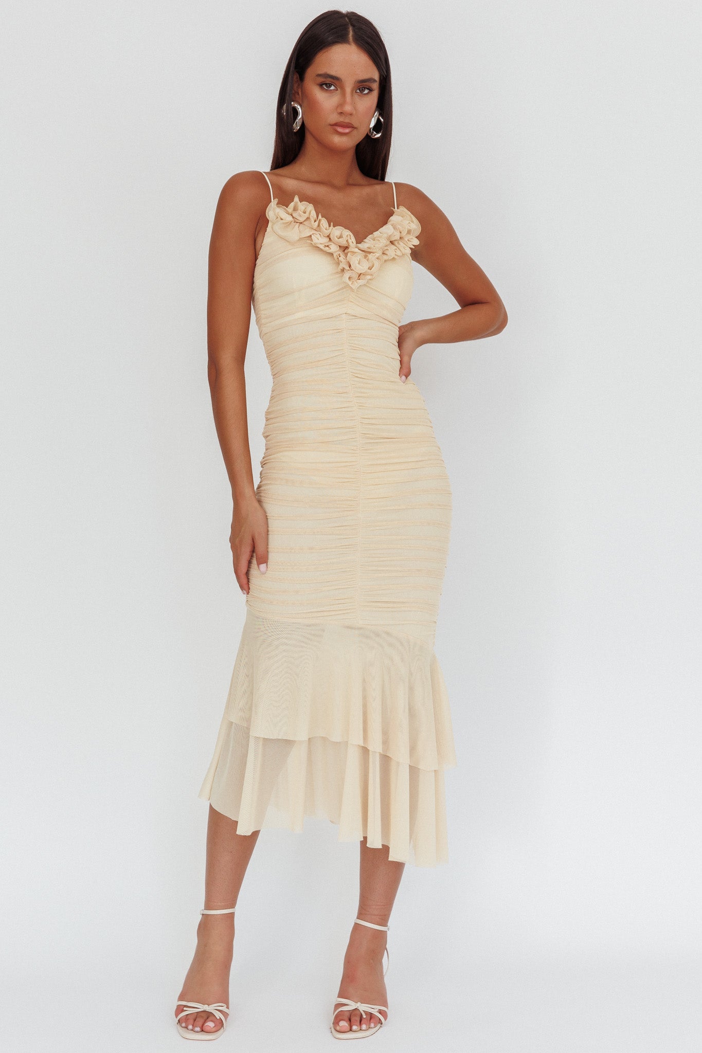 Nadia Ruffle Neckline Ruched Midi Dress Butter