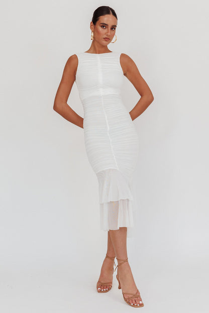 Nadia Sleeveless Ruched Midi Dress White