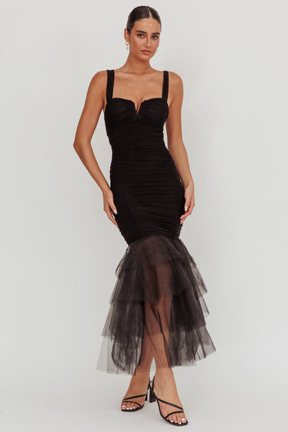 Nadia Tulle Hem Ruched Maxi Dress Black