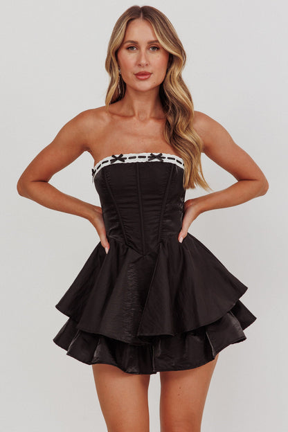 Paris Muse Ribbon Neckline Romper Black
