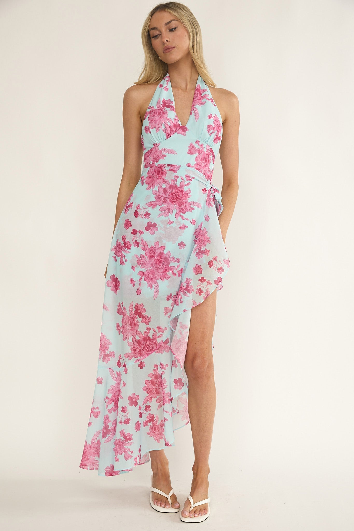 Nerida Waist Tie Asymmetric Dress Floral Ice Blue