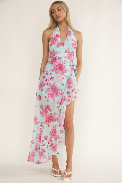 Nerida Waist Tie Asymmetric Dress Floral Ice Blue