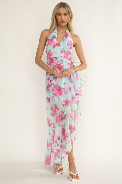 Nerida Waist Tie Asymmetric Dress Floral Ice Blue