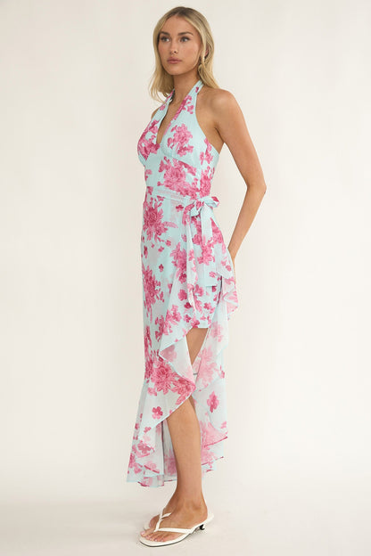 Nerida Waist Tie Asymmetric Dress Floral Ice Blue