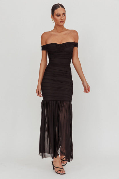La Salle Off Shoulder Mesh Maxi Dress Black