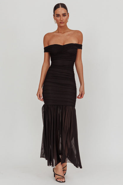 La Salle Off Shoulder Mesh Maxi Dress Black