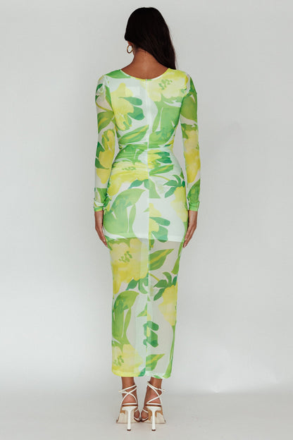 Chardae Long Sleeve Mesh Midi Dress Floral Green