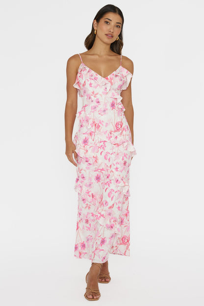Silvana Frill Trim Midi Dress Floral Pink