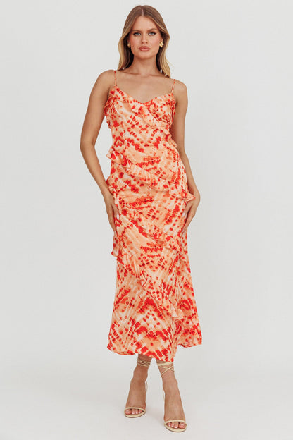 Silvana Frill Trim Midi Dress Orange