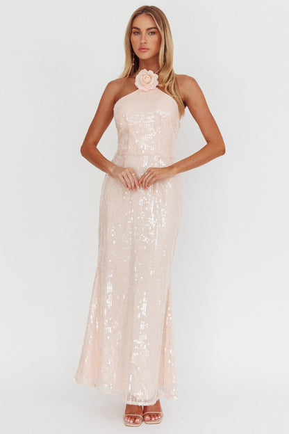 High Roller Flower Decoration Halter Dress Sequin Pink