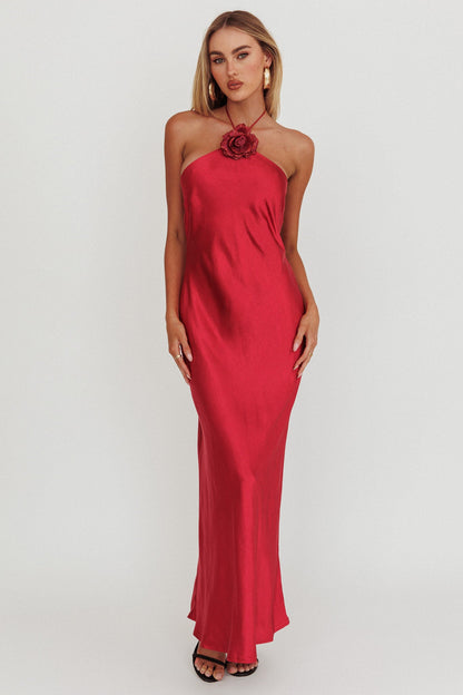 High Roller Flower Decoration Halter Dress Wine
