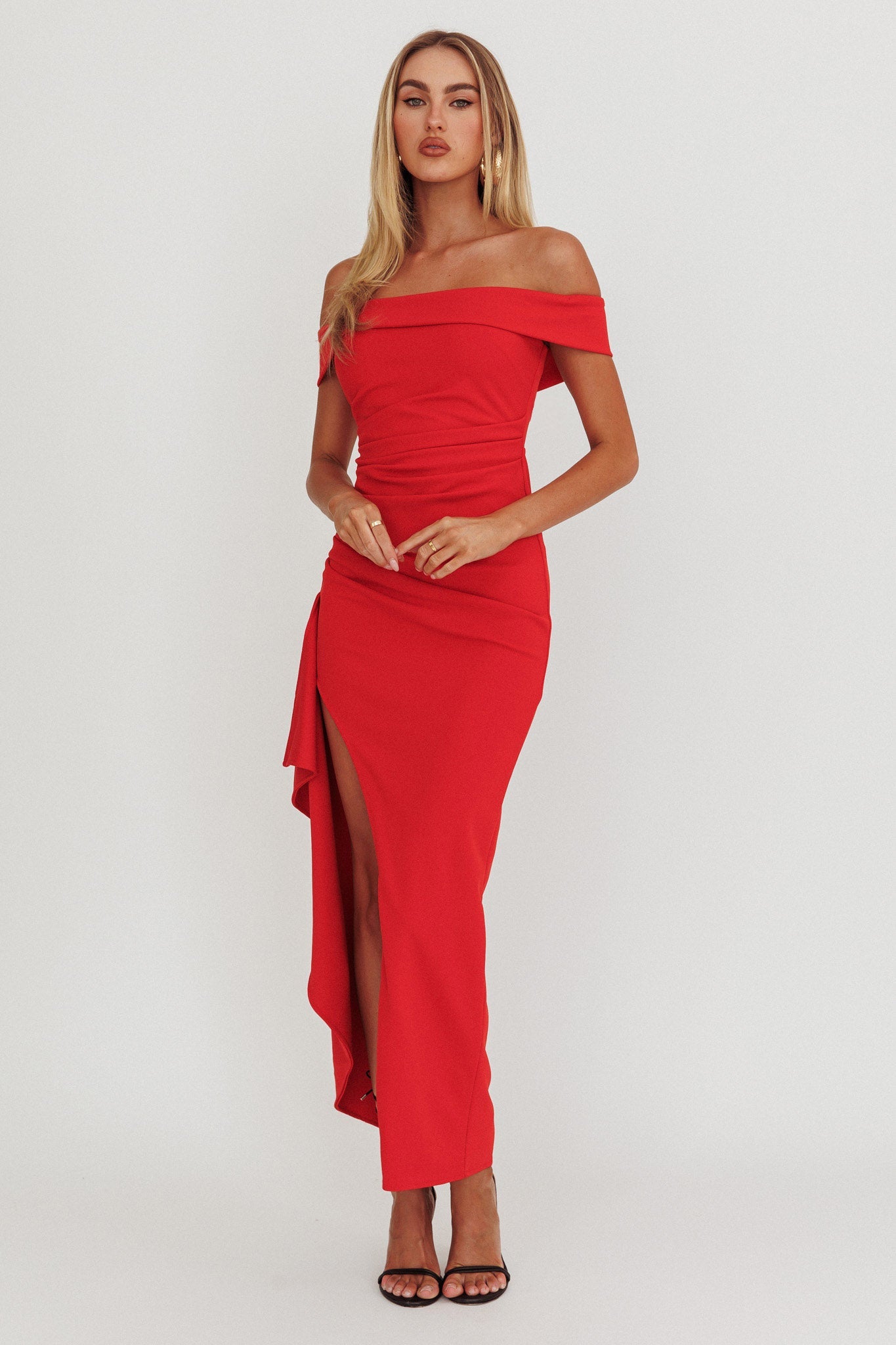 Cha Cha Off Shoulder Thigh Split Maxi Dress Red