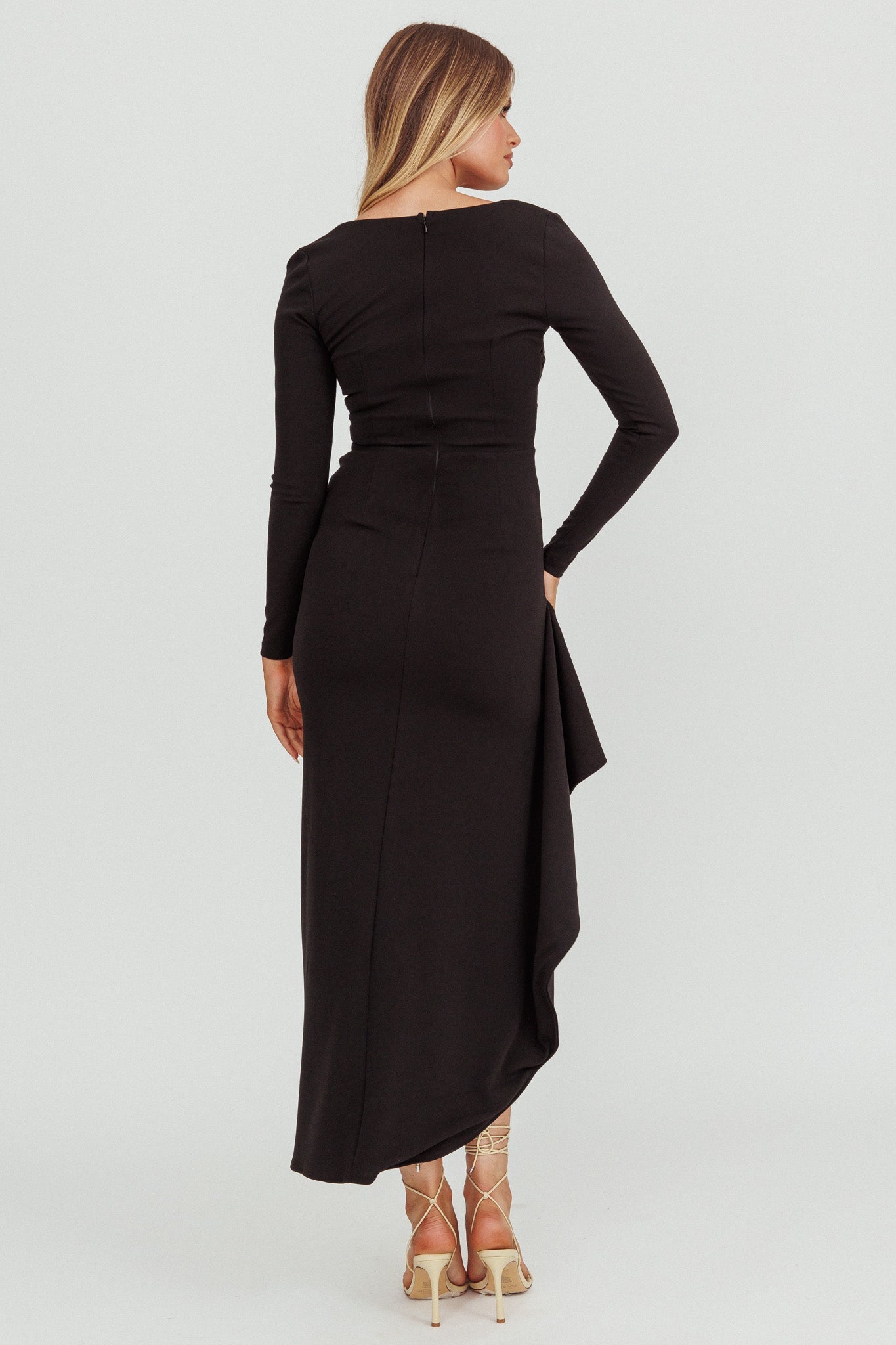 Cha Cha Long Sleeve Thigh Split Dress Black