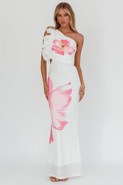 Deanna One-Shoulder Ruffle Maxi Dress Hibiscus White