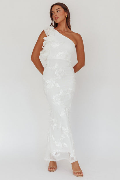 Deanna One-Shoulder Ruffle Maxi Dress Floral Texture White
