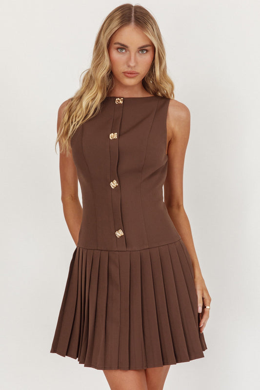 Opulent Pleat Skirt Button Mini Dress Coco