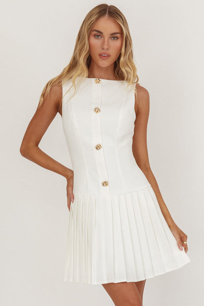 Opulent Pleat Skirt Button Mini Dress White