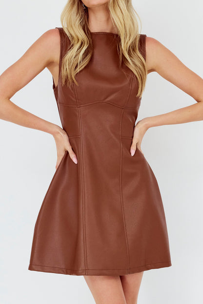 Opulent Sleeveless A-Line Mini Dress Faux Leather Brown