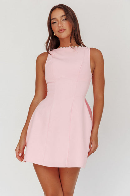 Opulent Pearl Trim Oversized Bow Mini Dress Pink