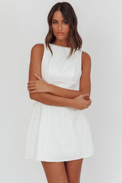 Opulent Pearl Trim Oversized Bow Mini Dress White