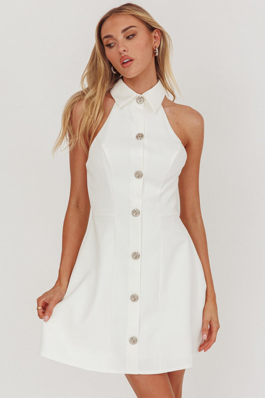 Opulent Collared Neckline Mini Dress White