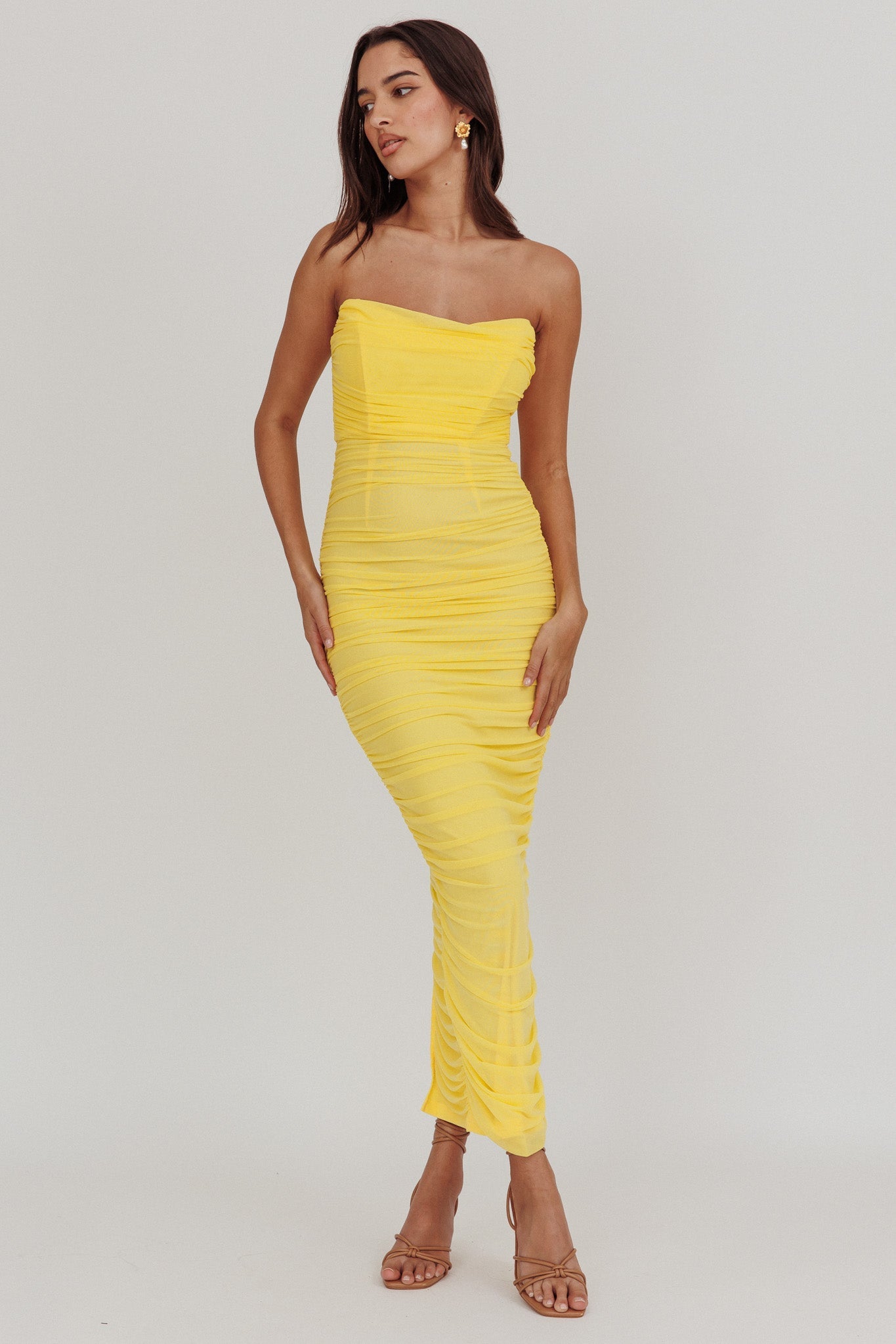 Midwest Strapless Gathered Mesh Maxi Dress Lemon