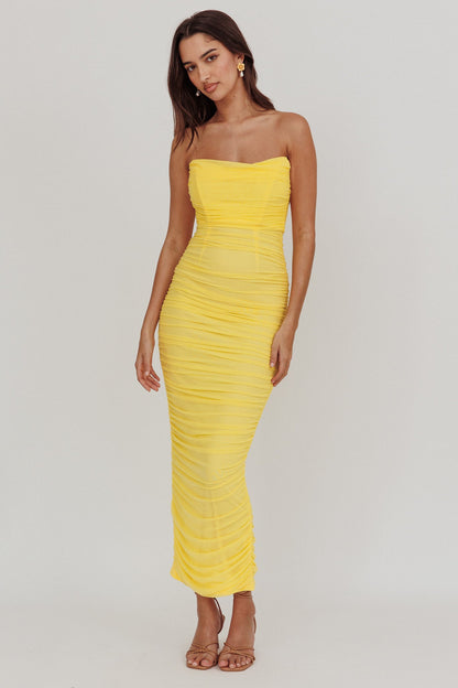 Midwest Strapless Gathered Mesh Maxi Dress Lemon