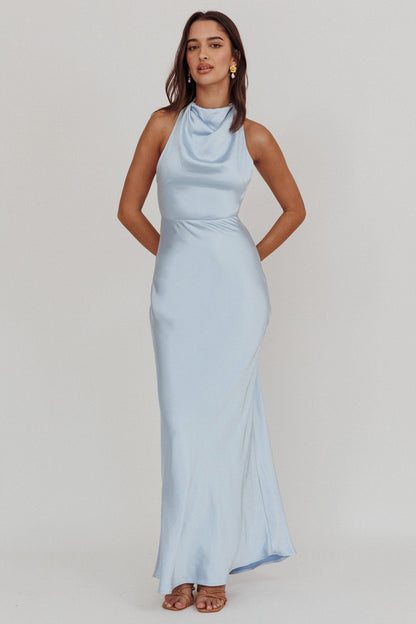 Gelato Pearl Strap Halter Maxi Dress Blue