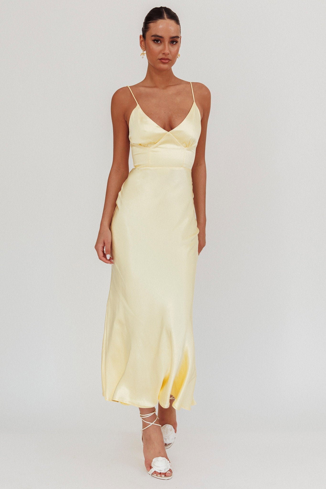 Hold Me Satin Backless Maxi Dress Lemon