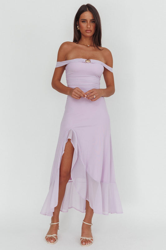 Moonlit Magic Off-Shoulder Split Maxi Dress Lilac