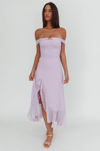 Moonlit Magic Off-Shoulder Split Maxi Dress Lilac