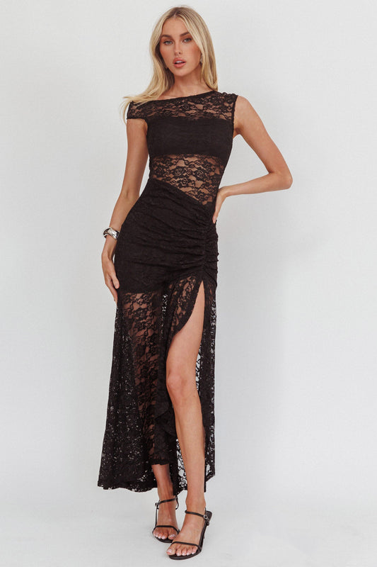 Moonlit Magic Asymmetric Neckline Lace Maxi Dress Black