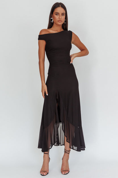 Moonlit Magic Asymmetric Neckline Maxi Dress Black