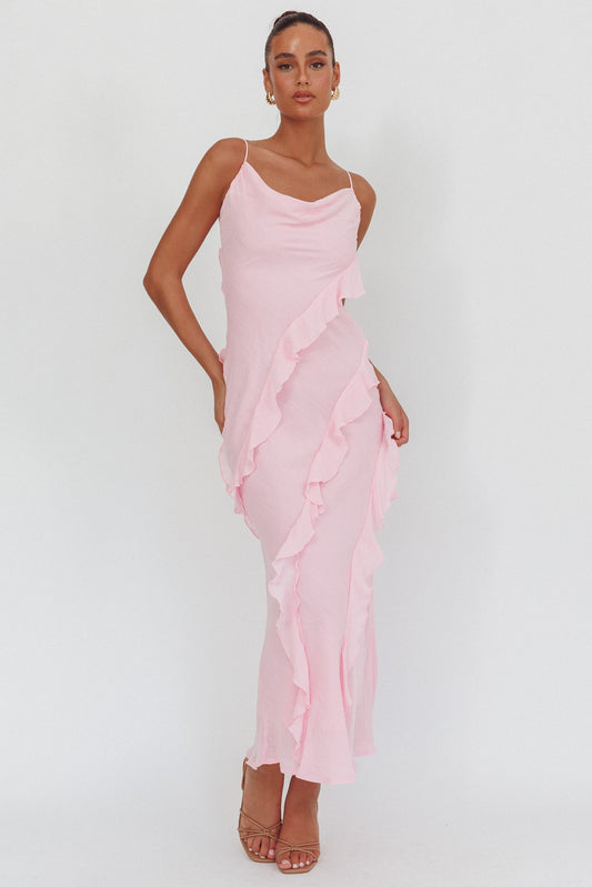 Panama Bay Ruffle Trim Cowl Neck Maxi Dress Pink