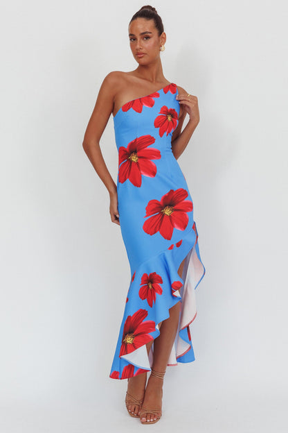 Lights On One-Shoulder Ruffle Hem Maxi Dress Floral Blue