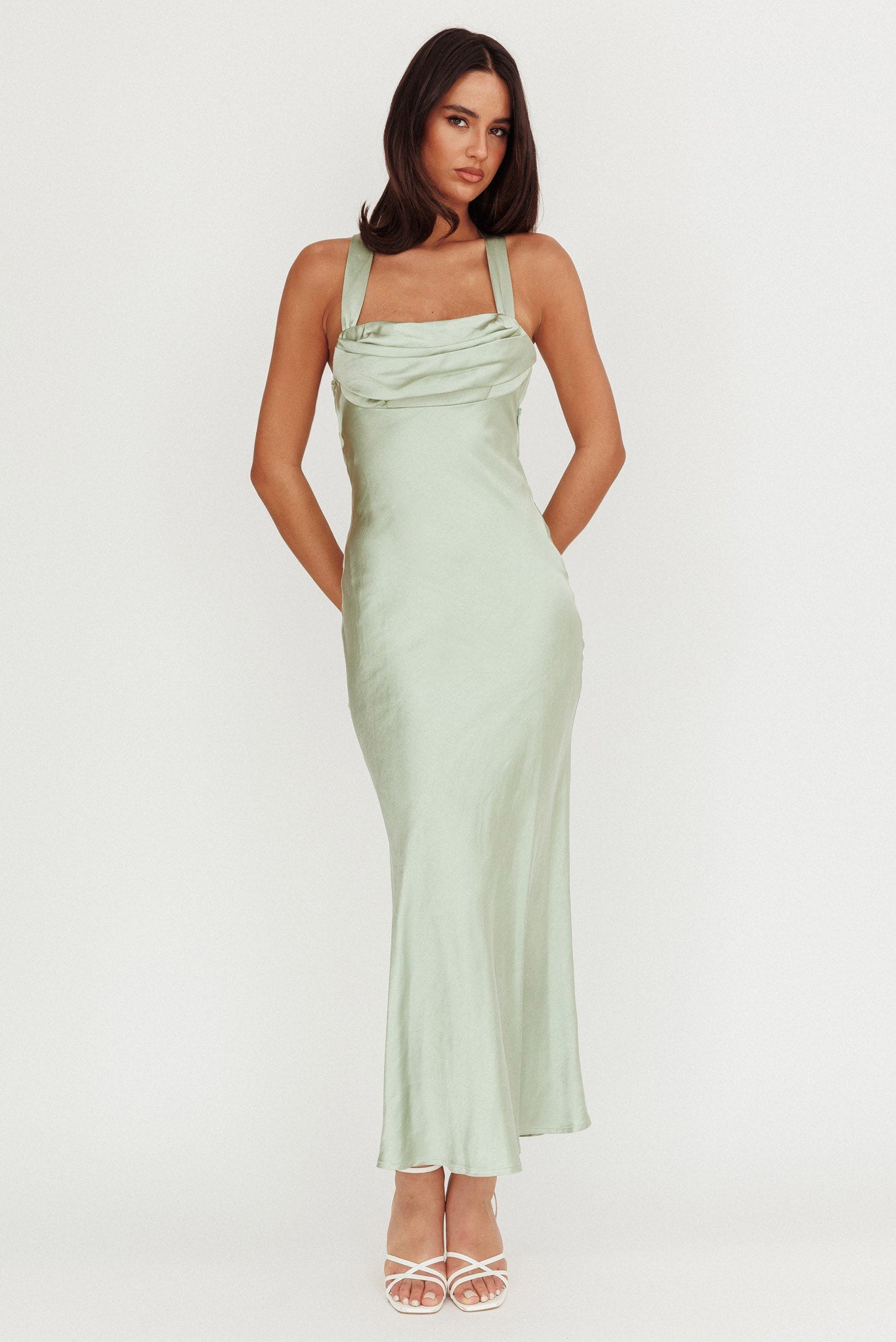 Favorite Part Crossover Back Satin Maxi Dress Sage