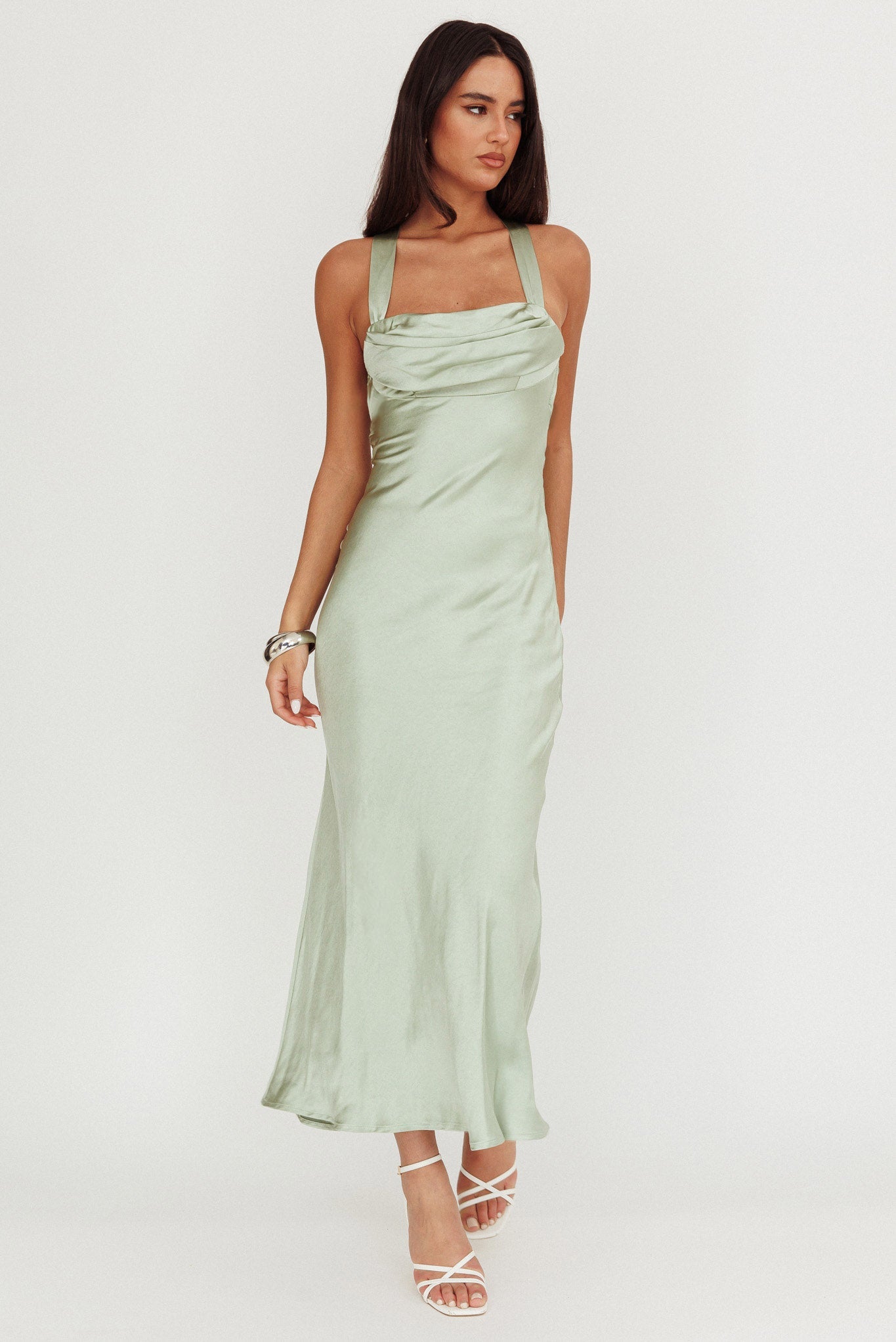 Favorite Part Crossover Back Satin Maxi Dress Sage