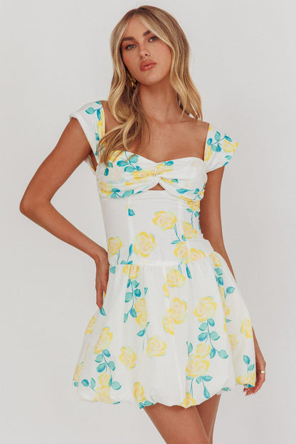 Cadi Twist Bust Balloon Mini Dress Floral Yellow