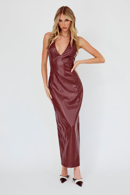 Marella Halterneck Faux Leather Maxi Dress Wine