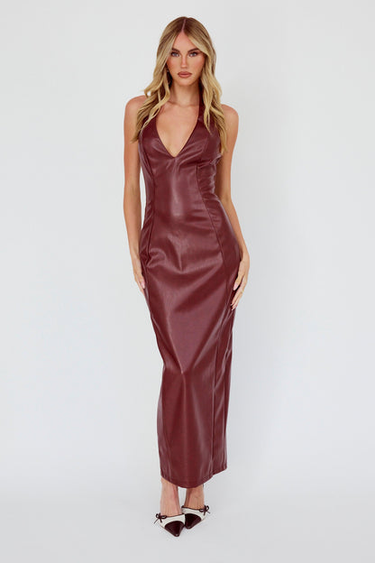 Marella Halterneck Faux Leather Maxi Dress Wine