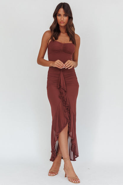 Kamilah Gathered Cascading Ruffle Midi Dress Maroon