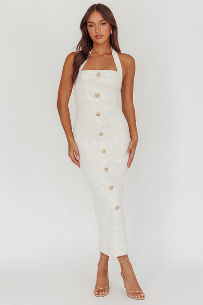 She Is Button Front Halter Midi Dress Tweed White