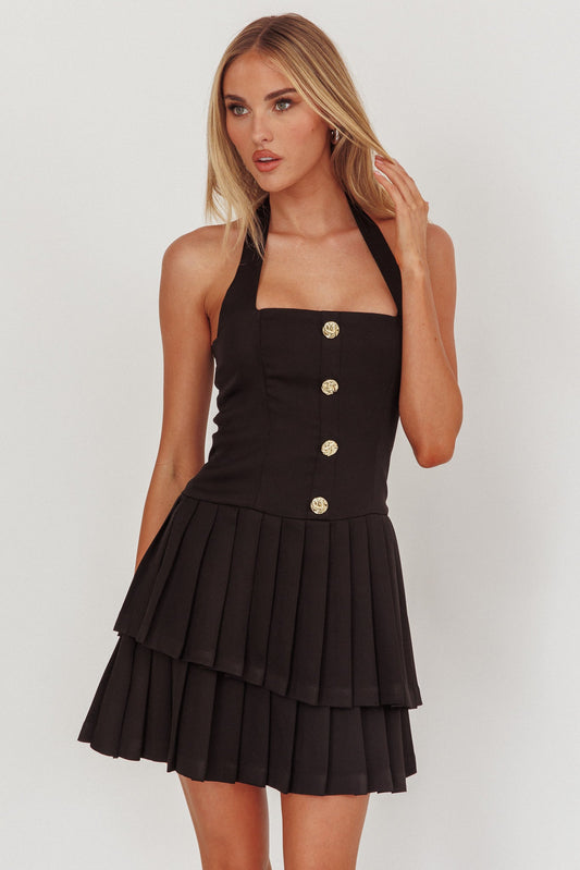 Serendipitous Halterneck Pleat Mini Dress