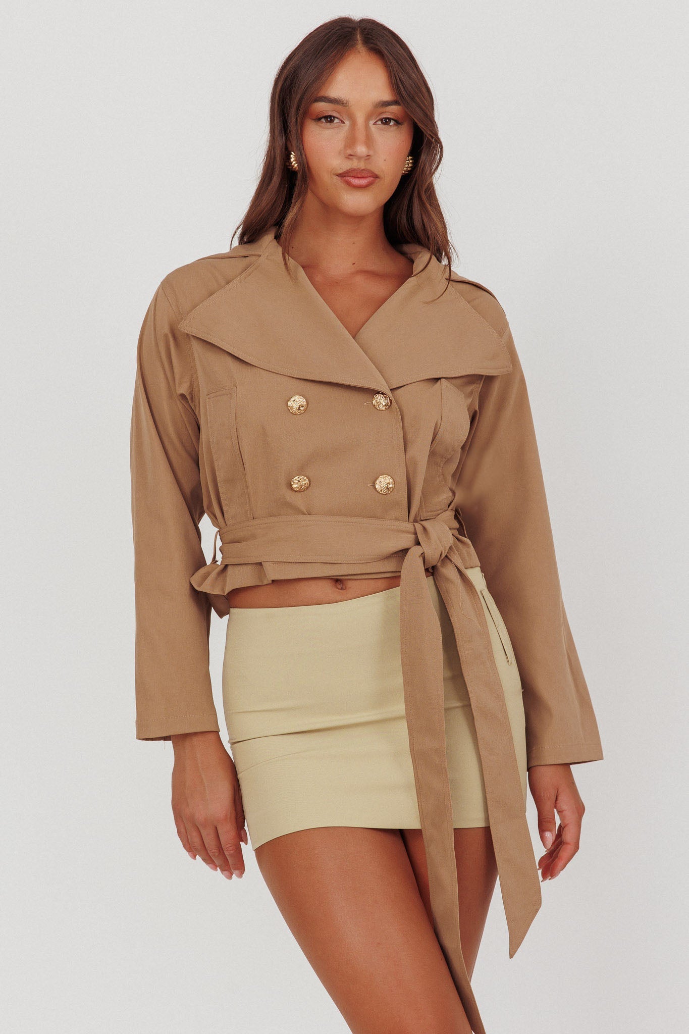 Envision Crop Waist Tie Jacket Tan